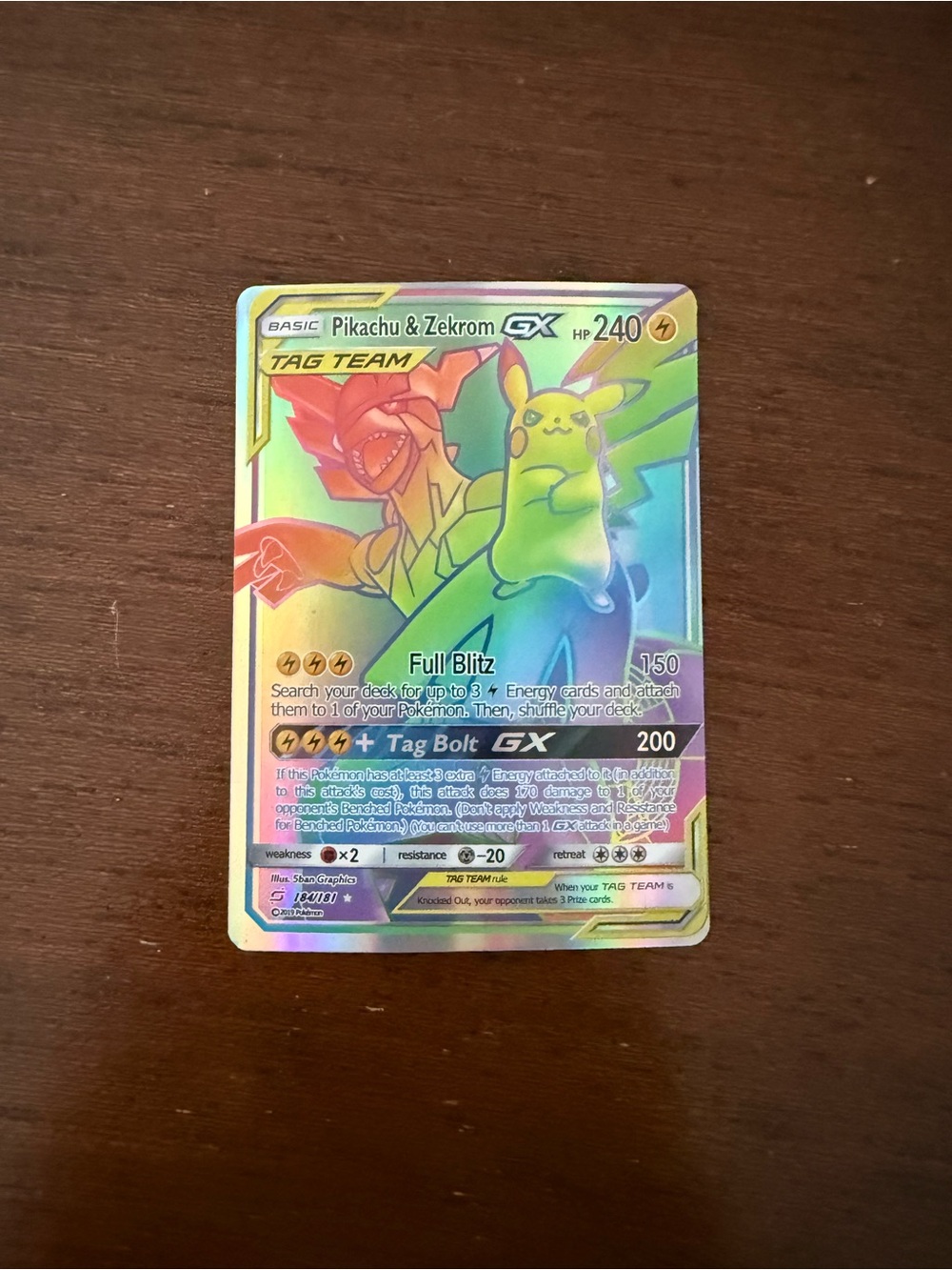 Pikachu & Zekrom GX Tag Team Rainbow Holo Pokémon Card - Yellow/Green/Red